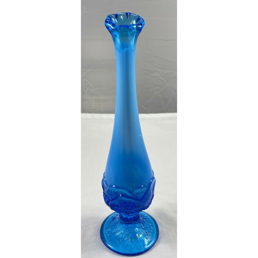 Water Lily Bud Vase Fenton Bright Blue Stretch Swung 9.5" Partial Opaque Footed
